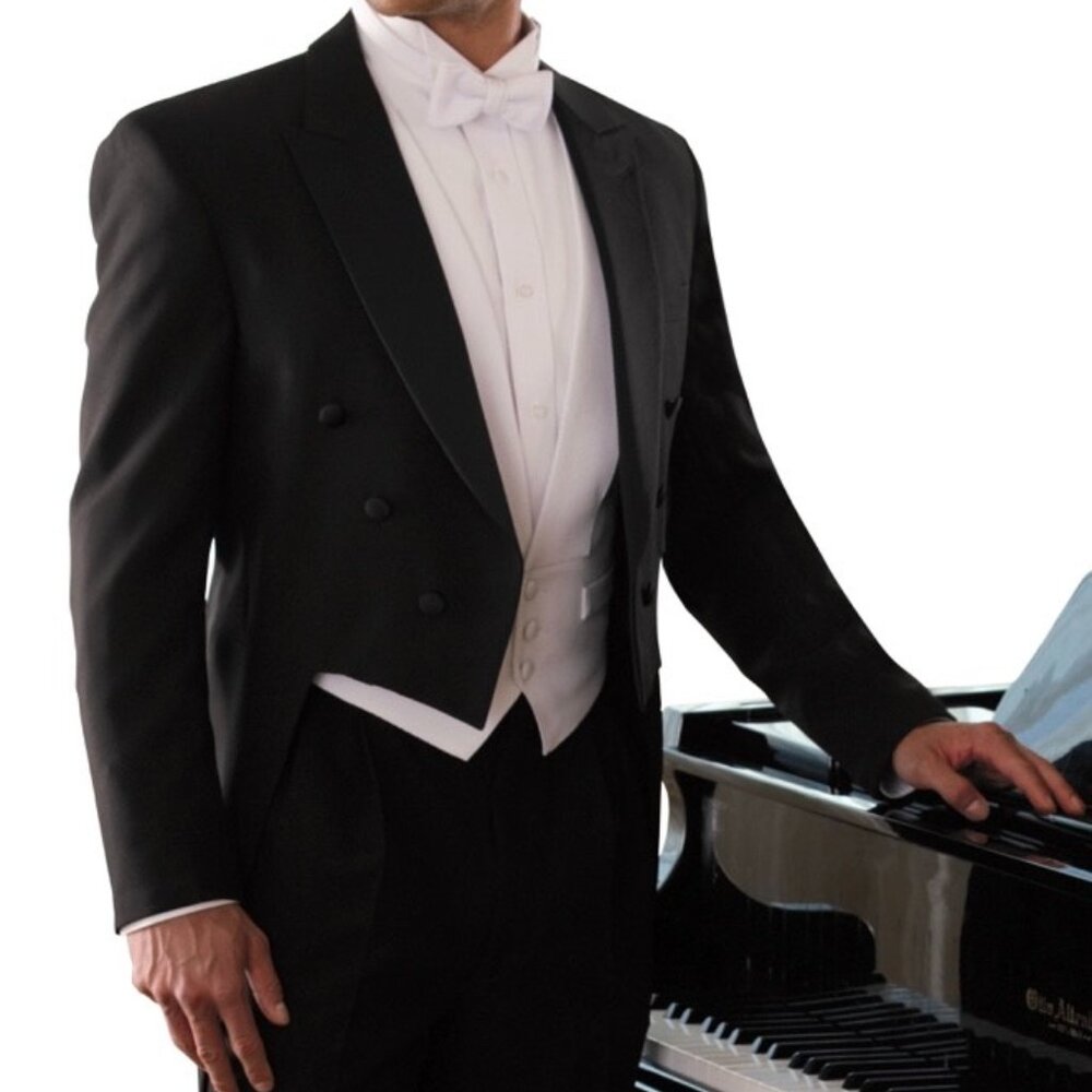 Men's 100% Wool Black Tuxedo Tailcoat with Satin Peak Lapels - Gala Black Tie
